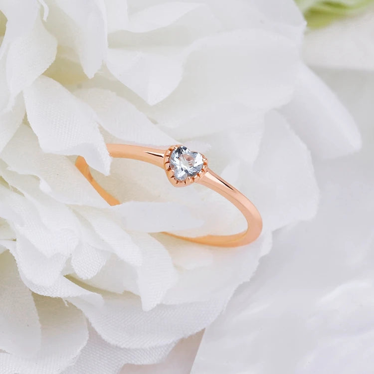 925 Sterling Silver 14K Gold Plated Gemstone Natural Aquamarine 3.5Mm Gem Stone Heart Ring