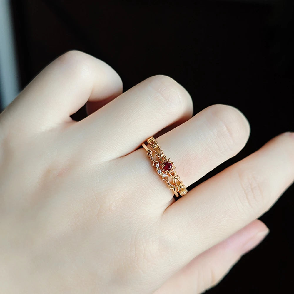 Emotional Factory 925 Sterling Silver 14K Gold Plated Gem Stone Gemstone Cz Zircon Flower Lab-Grown Ruby Ring