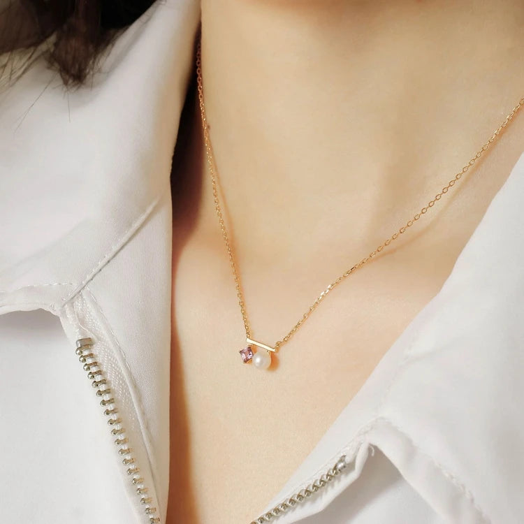 Emotional Factory 925 Sterling Silver 14K Gold Plated Gemstone Pearl Amethyst Bar Necklace