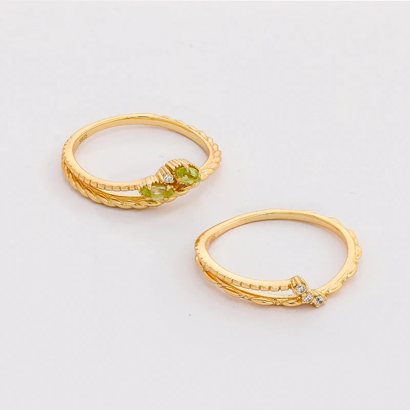 Spring 2024 New Arrival Japanese Simplicity and Niche Wave Curves Design S925 Silver Plated 14k Olivine Set Ring
