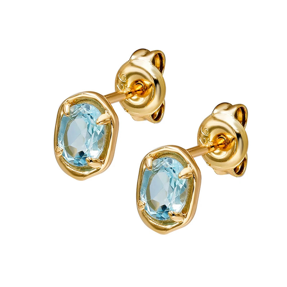 Emotional Factory 925 Sterling Silver 14K Gold Plated Gem Stone Gemstone Simpler Prong Setting Sky Blue Topaz Stud Earrings
