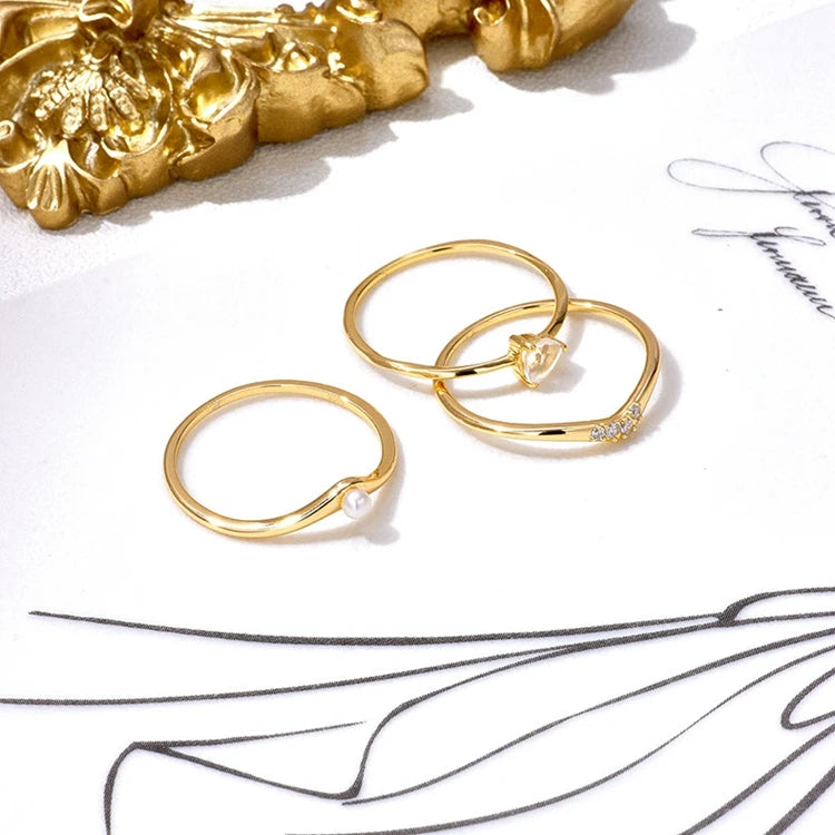 925 Sterling Silver 14K Gold Plated Gemstone Zircon White Crystal Natural Freshwater Pearls Three Piece Ring