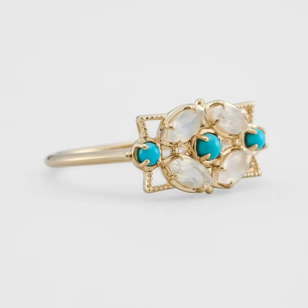 Niche Retro Hollow Geometry Design Inlaid Opal+Turquoise RingS925Silver Plated14KRing