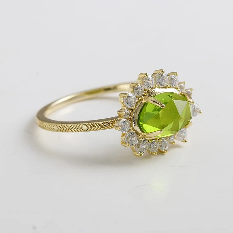 Emotional Factory 925 Sterling Silver 14K Gold Plated Gemstone Cz Zircon Peridot Glass Necklace Green Quartz Ring
