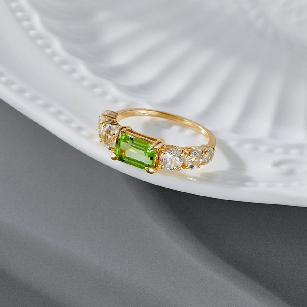 925 Sterling Silver 14K Gold Plated Rectangle Rectangular Green Peridot Ring Topaz Rings