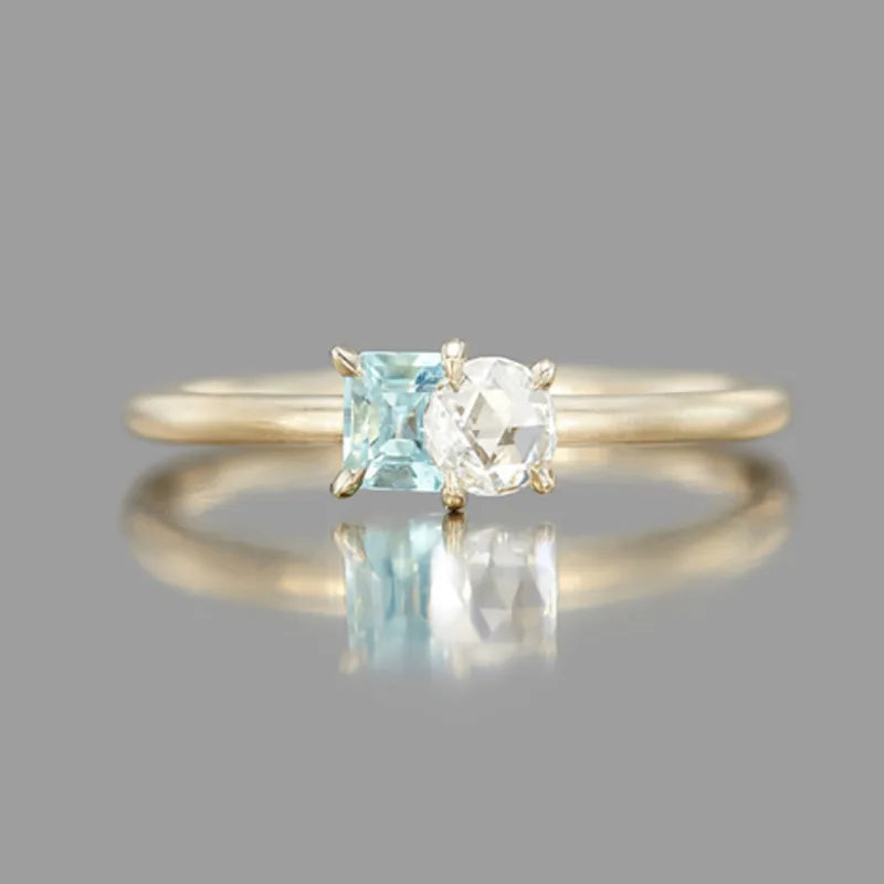 Emotional Factory 925 Sterling Silver 14K Gold Plated Gemstone Rock Crystal Geometric Design Sky Blue Topaz Ring