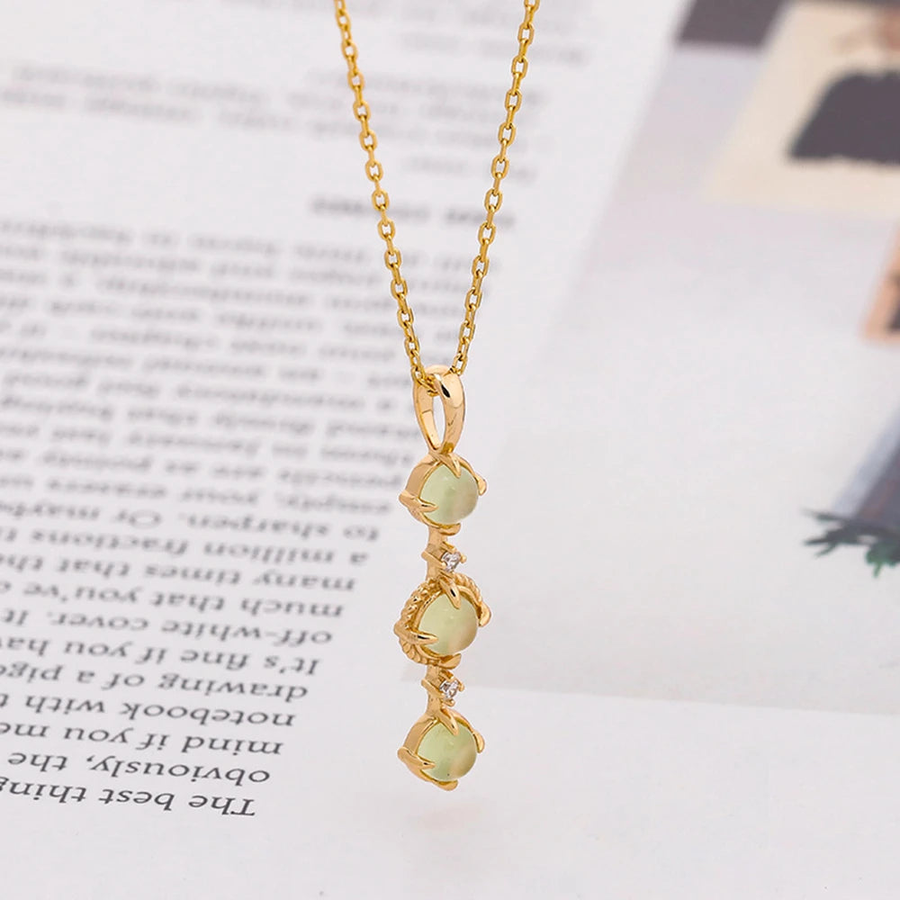 Emotional Factory 925 Sterling Silver 14K Gold Plated Gem Stone Gemstone Retro Cz Zircon Prehnite 3 Stone Necklace