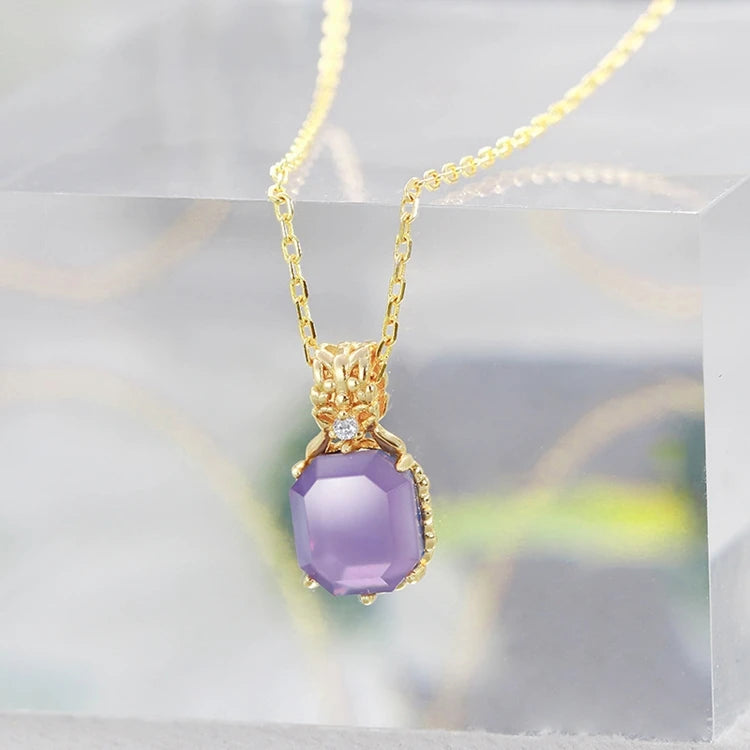 925 Sterling Silver 14K Gold Plated Gemstones Christmas Limited Happiness Olive Leaf Vintage Square Amethyst Necklace
