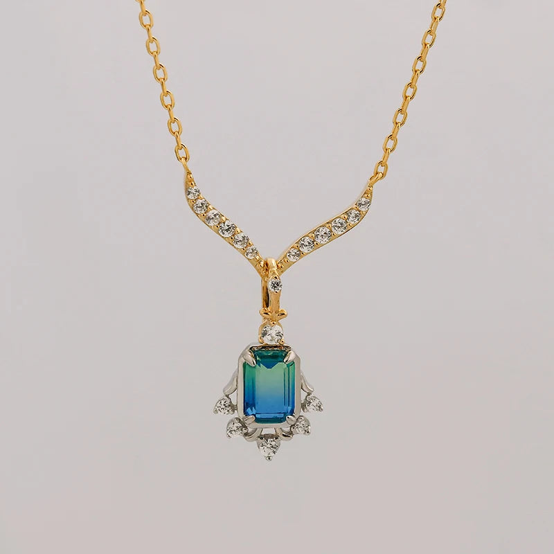 14K Gold Plated Necklace with Dual Tone Elegant Green & Blue Quartz Sparkling White Zircon Japanese Light Luxury Jewelry