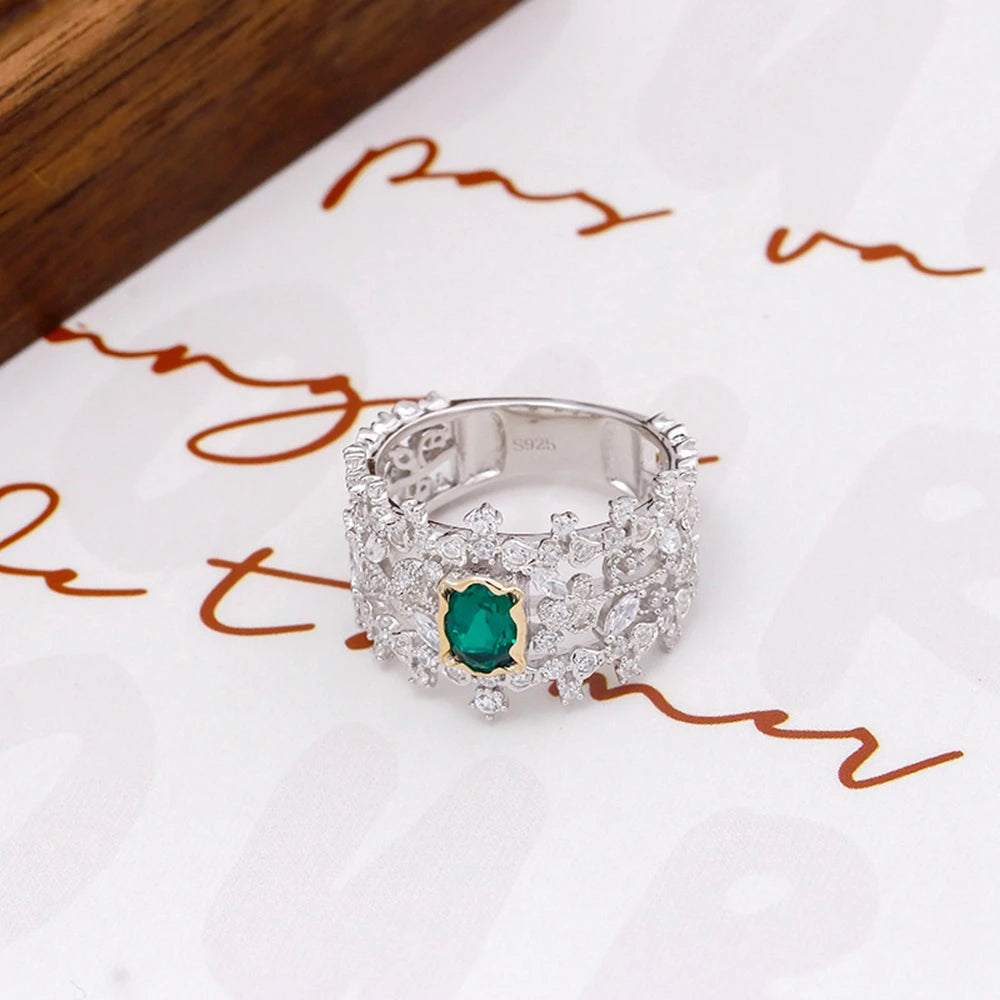 Emotional Factory 925 Sterling Silver 14K Gold Plated Gem Stone Gemstone Retro Hollow Geometric Flower Cultured Emerald Ring
