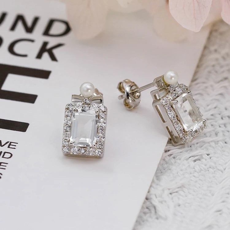 Emotional Factory 925 Sterling Silver 14K Gold Plated Gemstone Geometric Crystal Pearl White Zircon Stud Earrings