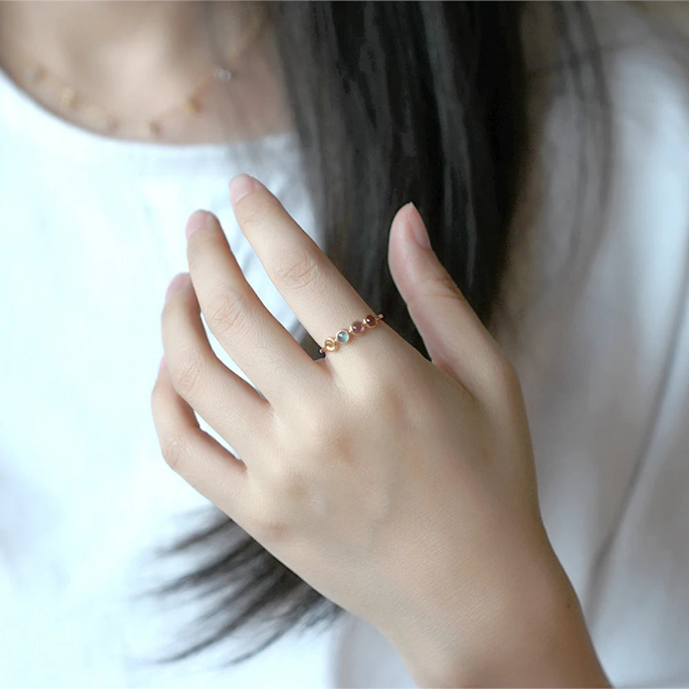 Emotional Factory 925 Sterling Silver 14K Gold Plated Gem Stone Round Bead Topaz Amethyst Garnet Citrine Natural Crystal Ring