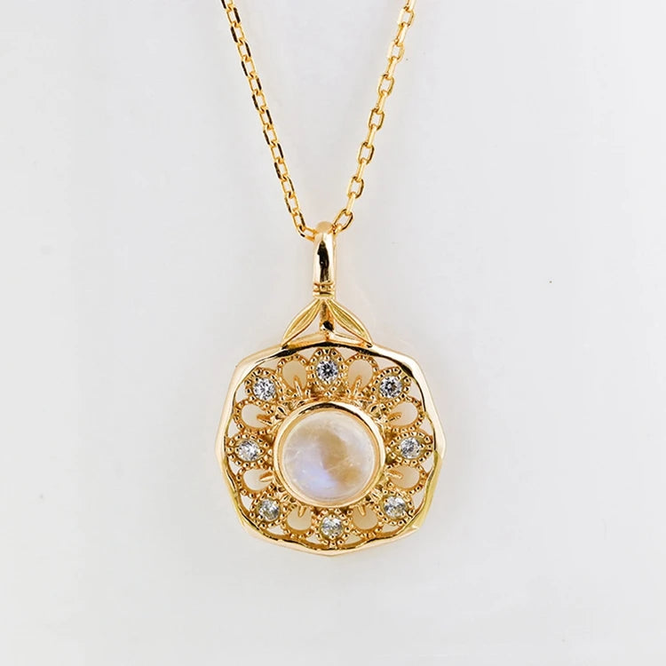 925 Sterling Silver 14K Gold Plated Gem Stone Gemstone Cz Zircon Vintage Court Style Geometric Natural Blue Moonstone Necklace