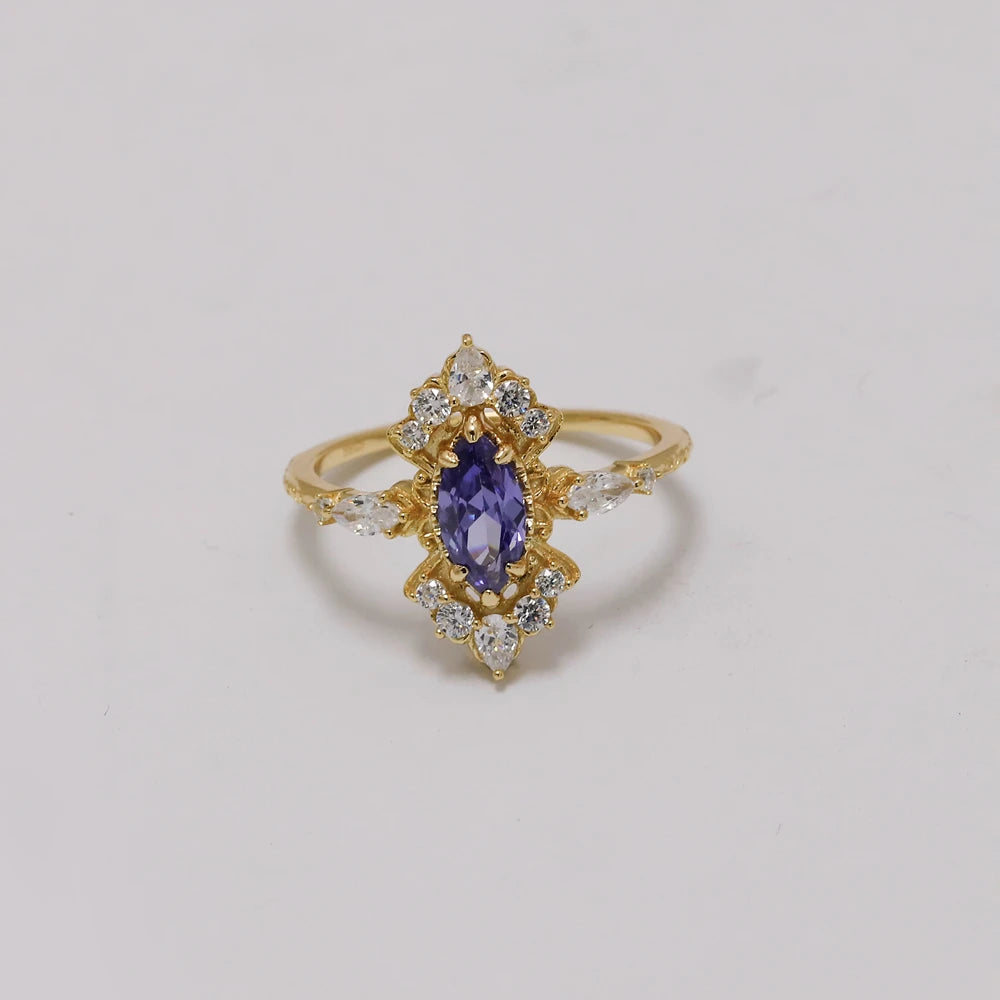 Emotional Factory 925 Sterling Silver 14K Gold Plated Gemstone Retro  Cz Flower Blue Tanzanite Zircon Ring