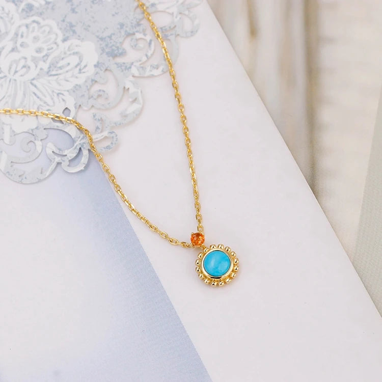 Emotional Factory 925 Sterling Silver 14K Gold Plated Gemstone Round Bead Flower Natural Turquoise Necklace