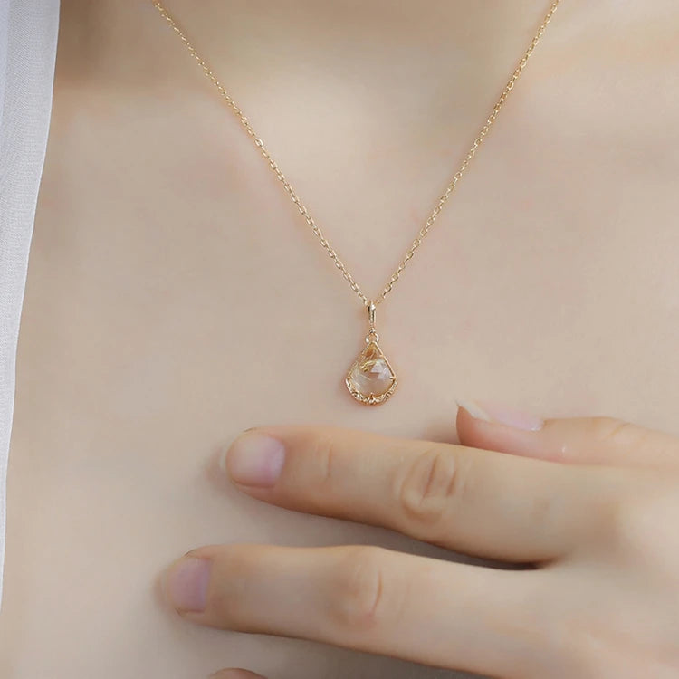 925 Sterling Silver 14K Gold Plated Gemstone Series Vintage Rose Cut Water Droplets Blonde Crystal Pendant