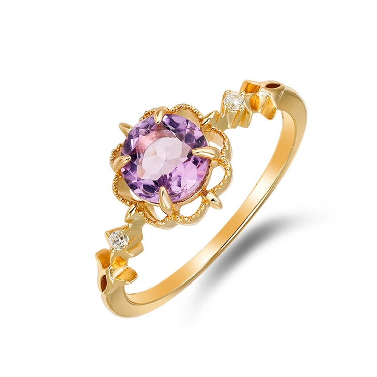 Emotional Factory 925 Sterling Silver 14K Gold Plated Gem Stone Gemstone Retro  Cz Zircon Flower Light Amethyst Ring