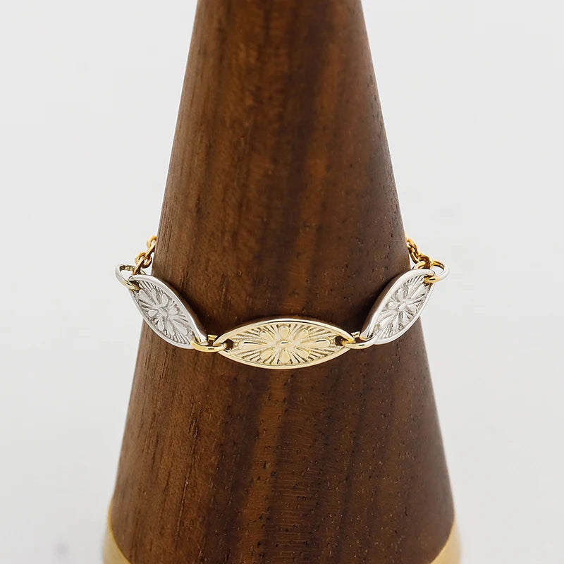 Vintage Carved Two Tone Leaf Adjustable Finger Chain S925 Silver Gold-plated Ring