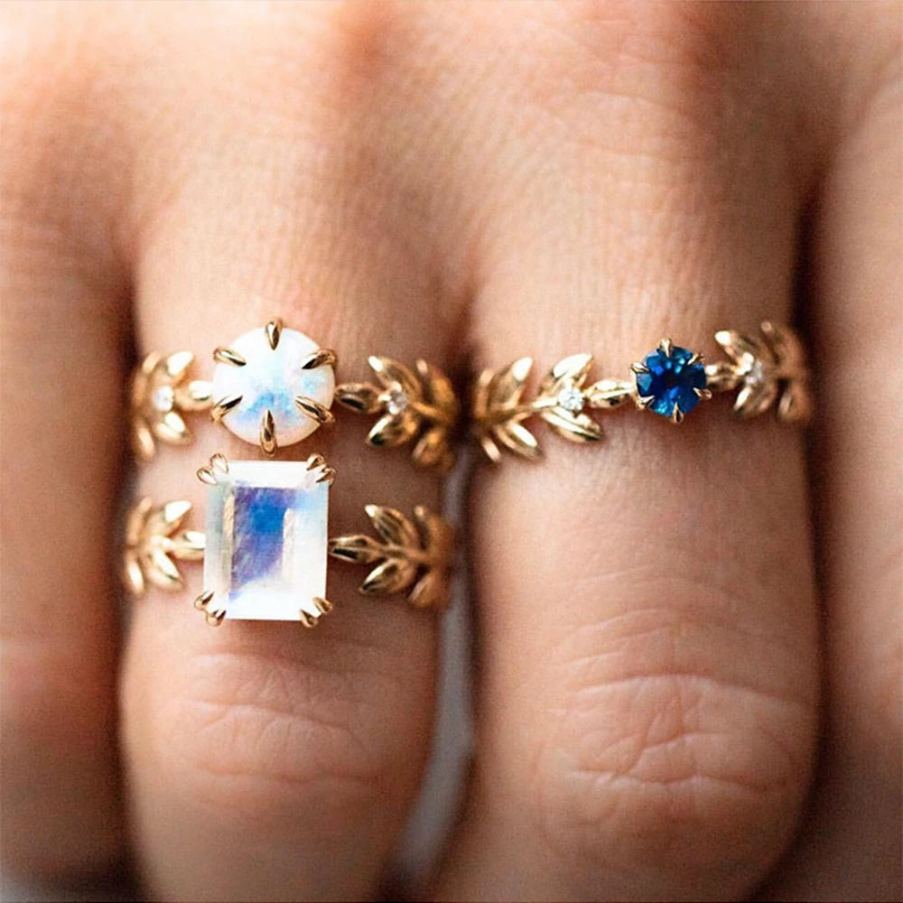 Emotional Factory 925 Sterling Silver 14K Gold Plated Gem Stone Gemstone Rectangle Leaf Leaves Blue Moonstone Ring