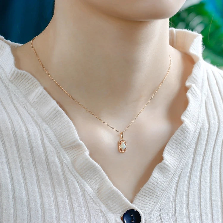 Emotional Factory 925 Sterling Silver 14K Gold Plated Gemstones Bohemian Big Geometric Drop African Opal Necklace