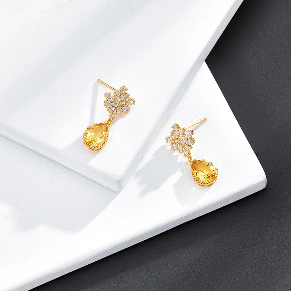 Emotional Factory Jewelry 925 Sterling Silver 14K Gold Plated Gemstone Series Snowflake Flower Natural Citrine Earrings