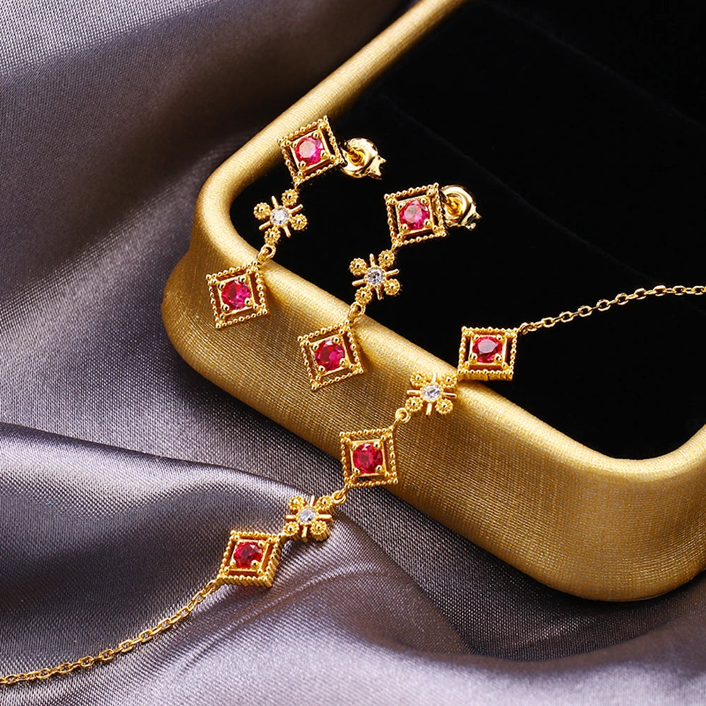 Pulseras 925 Sterling Silver 14K Gold Plated Gemstone Red Corundum Diamond Shaped Green Spinel Zircon Bracelet