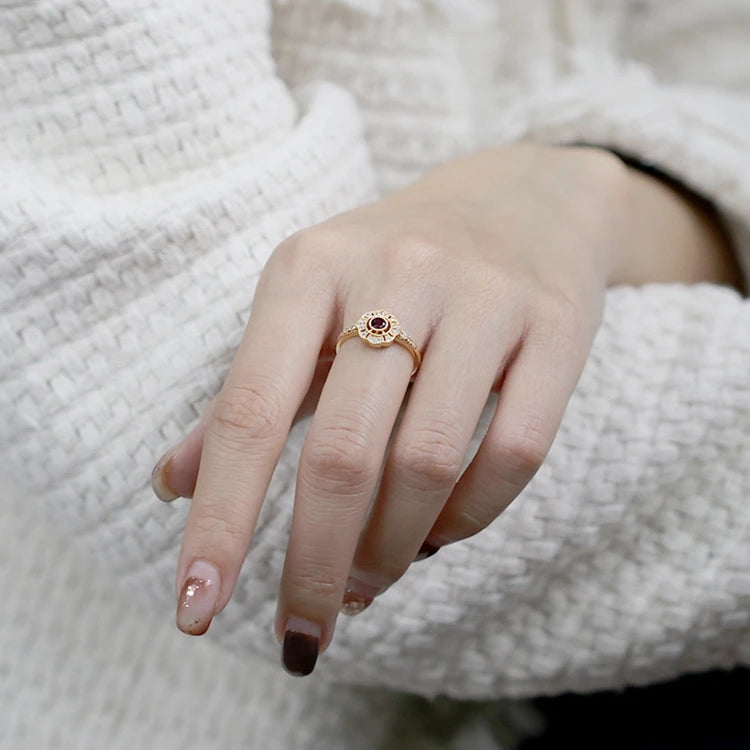 Emotional Factory 925 Sterling Silver 14K Gold Plated Gemstone Evil Eyes Red Garnet Flower Ring