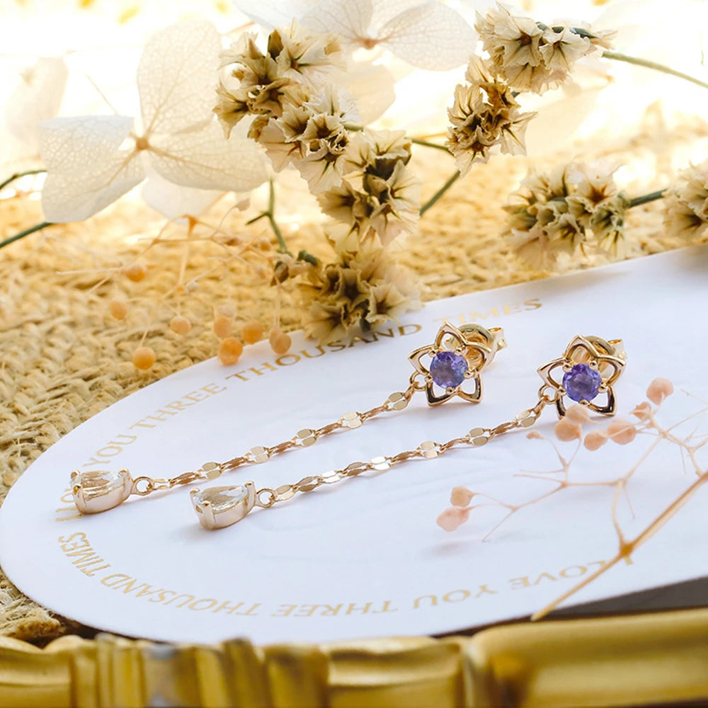 Emotional 925 Sterling Silver 14K Gold Plated Gem Stone Gemstone Tanzanite Zircon Eustoma Flower White Topaz Strip Earrings