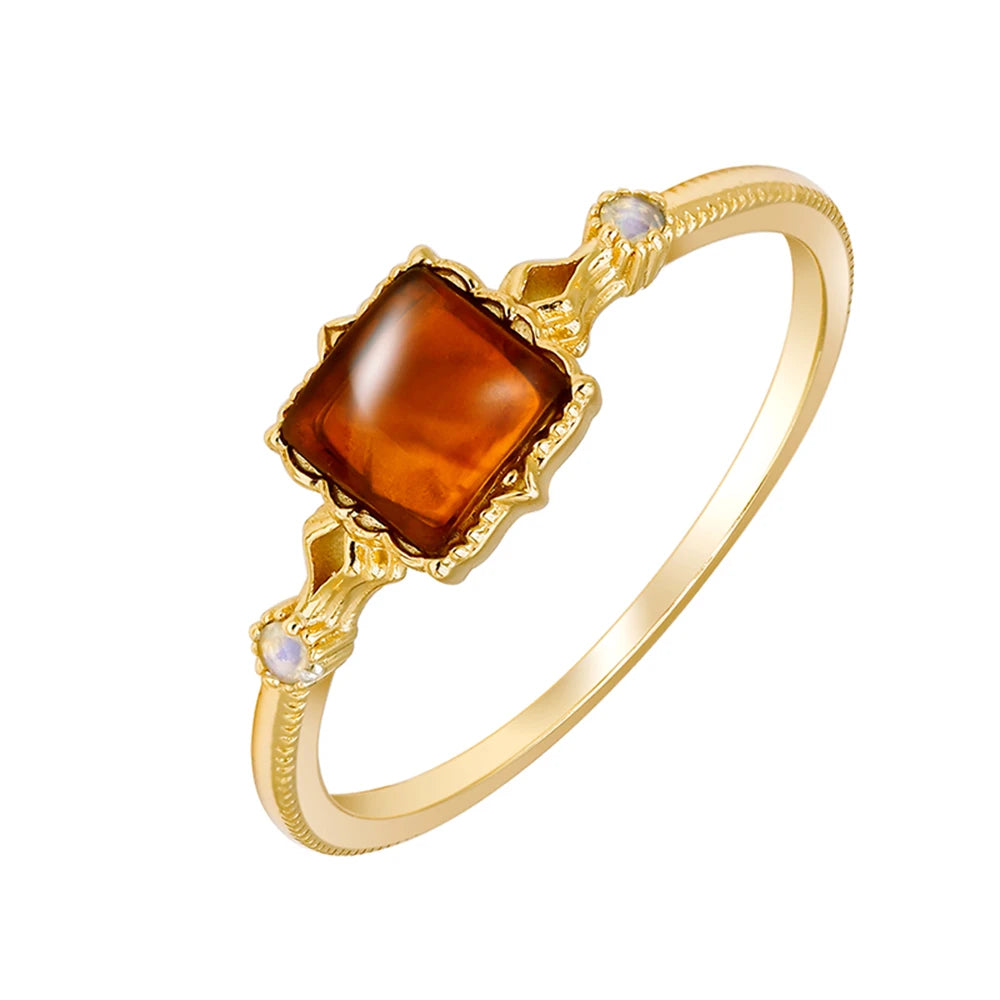 925 Sterling Silver 14K Gold Plated Gemstone Vintage Courtly Style Ring Opal  Artificial Amber Rings