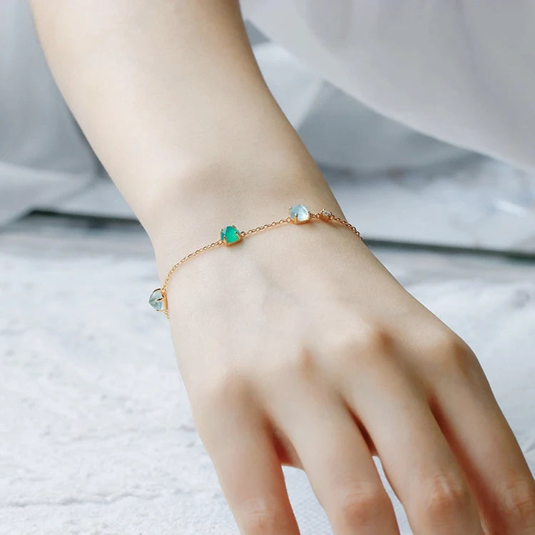 Emotional Frauen Schmuck Factory 925 Sterling Silver 14K Gold Plated Gemstone Blue Glass White Shell Chrysoprase Bracelet