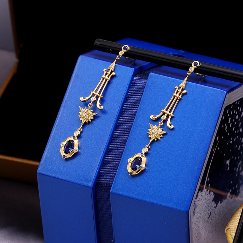Emotional Factory 925 Sterling Silver Gem Stone Gemstone Vintage Style Palace Starlight Astral Star Blue Zirconium Earrings