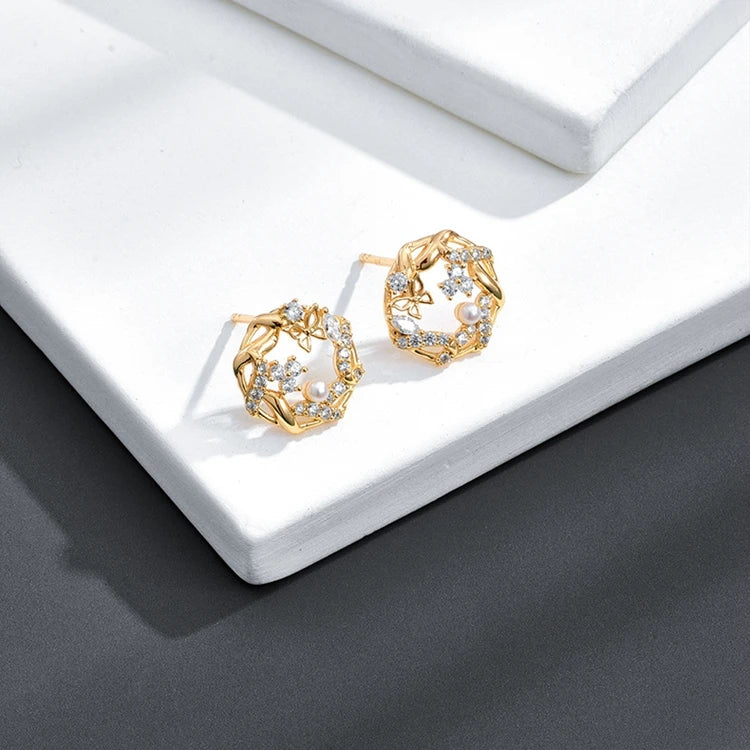 Emotional Factory 925 Sterling Silver 14K Gold Plated Round Hollow Butterfly Pearl Earrings