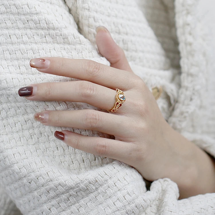 Emotional Factory 925 Sterling Silver 14K Gold Plated Gemstone Natural Blue Topaz Pattern Royal Style Ring