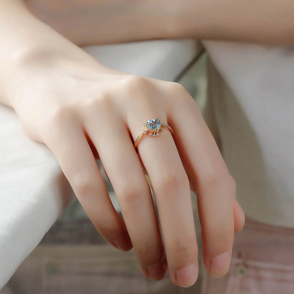 925 Sterling Silver 14K Gold Plated Gemstone Zircon Crown Heart Sjaped Sky Blue Topaz Ring
