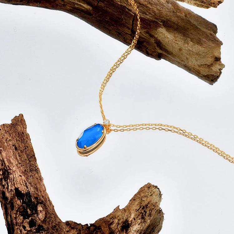 Emotional Factory 925 Sterling Silver 14K Gold Plated Gemstone Prong Setting Blue Glass White Shell Necklace