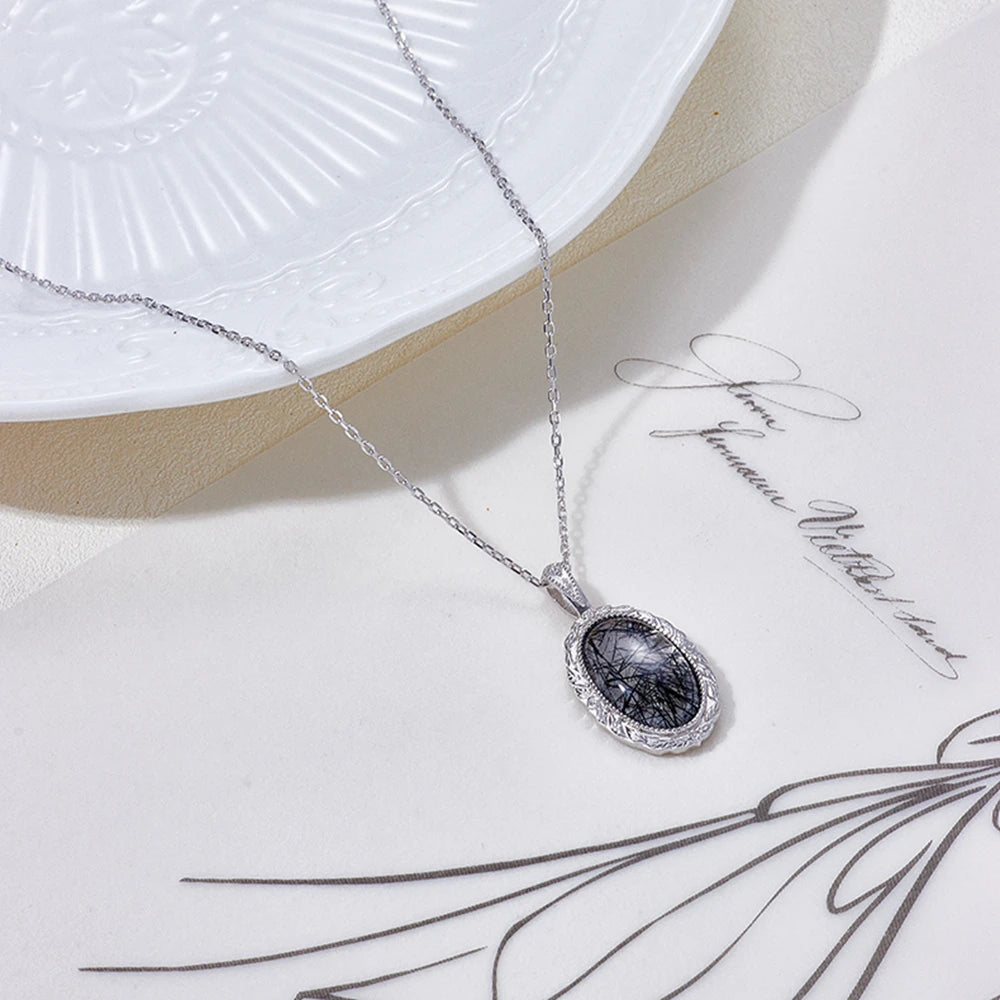 Jewelry 925 Sterling Silver 14K Gold Plated Gemstone Series Retro Transparent Black Hair Rutilated Quartz Shaped Necklace
