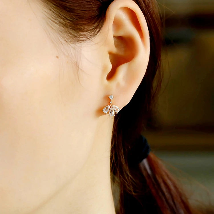 Emotional Factory 925 Sterling Silver 14K Gold Plated Gemstone Fan-Shaped Flower Petals White Topaz Earrings