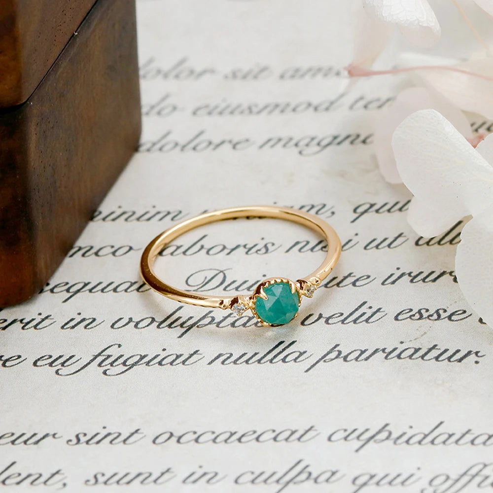 Factory 925 Sterling Silver 14K Gold Plated Gem Stone Gemstone Retro Cz Zircon Round Stone Amazonite White Rock Crystal Ring