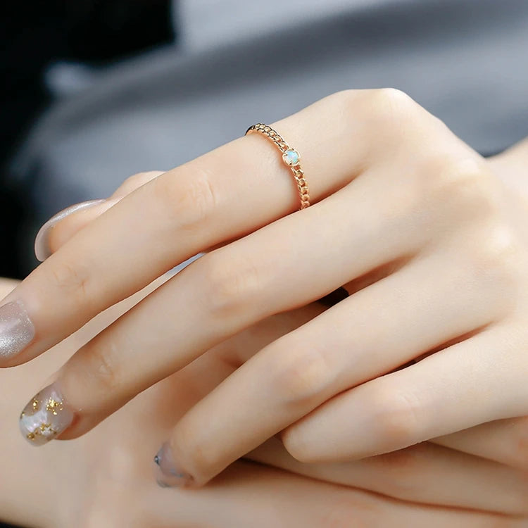 Emotional Factory 925 Sterling Silver 14K Gold Plated Gemstones Vintage Artificial Opal Simple Bead Chain Shaped Ring