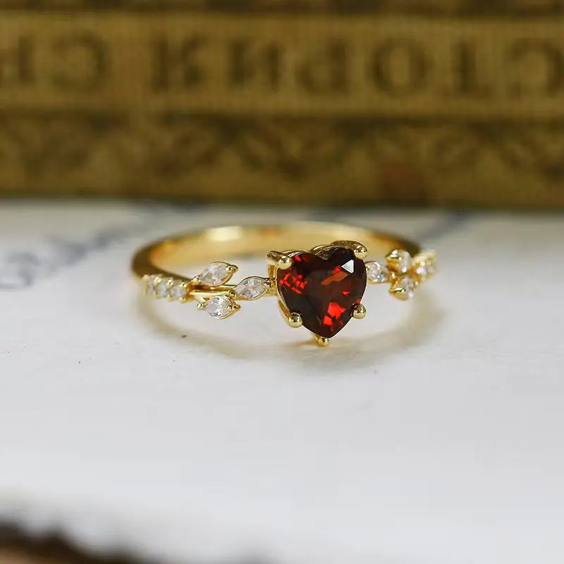 Heart-Shaped Garnet Stainless Steel Ring for Women - Trendy Jewelry Gift
