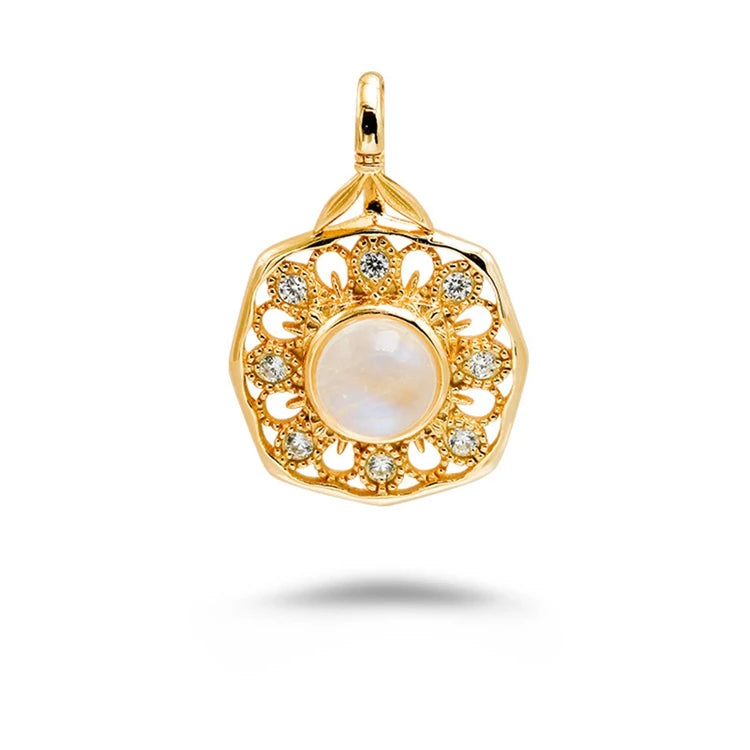 925 Sterling Silver 14K Gold Plated Gem Stone Gemstone Cz Zircon Vintage Court Style Geometric Natural Blue Moonstone Necklace