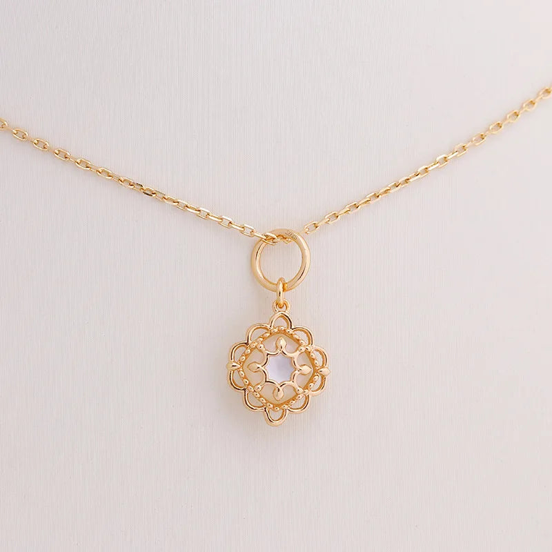 925 Sterling Silver 14K Gold Plated Gemstone Layered Stone Double Sided Wear Flower Natural Shell Rock White Crystal Pendant