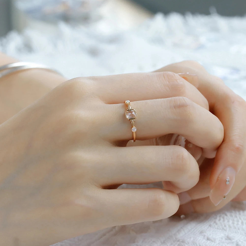 Emotional 925 Sterling Silver 14K Gold Plated Gem Stone  Geometric Square White Rock Crystal Natural Australian Opal Ring