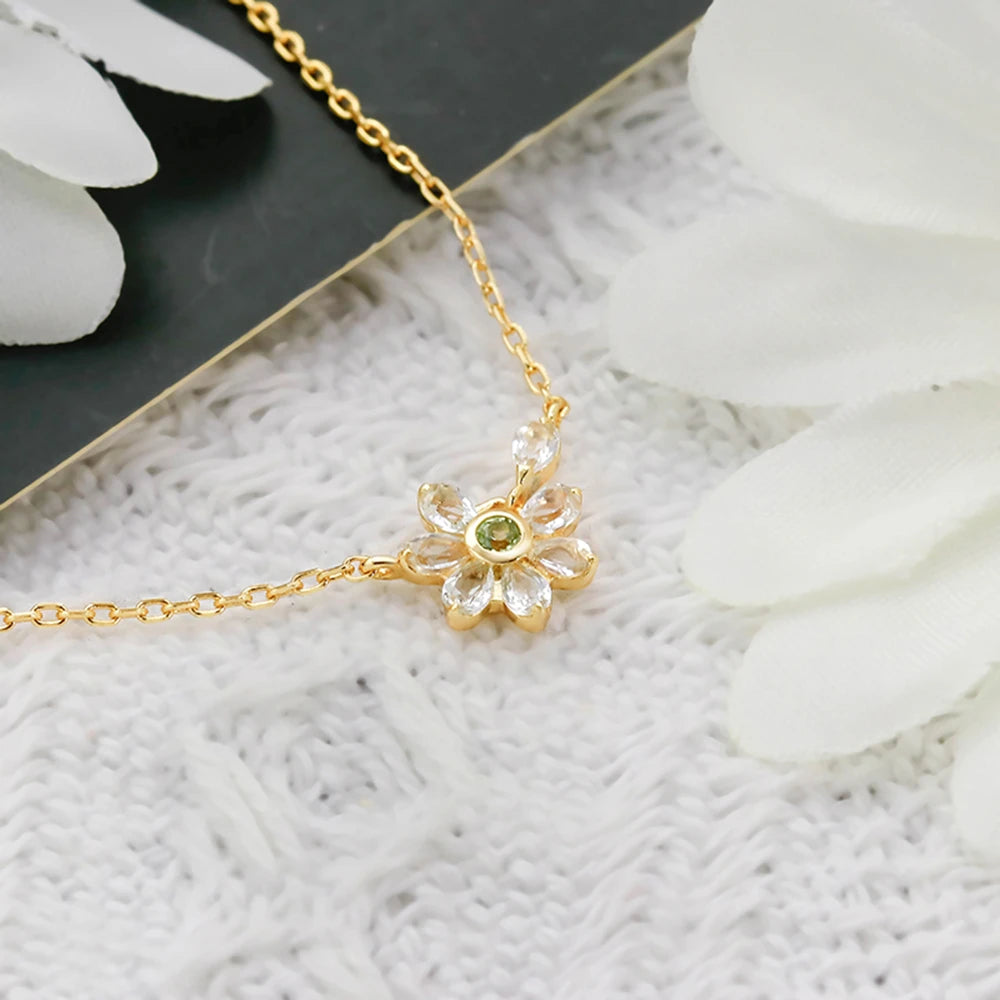 925 Sterling Silver 14K Gold Plated Gemstone Green Peridot White Topaz Flower Necklace