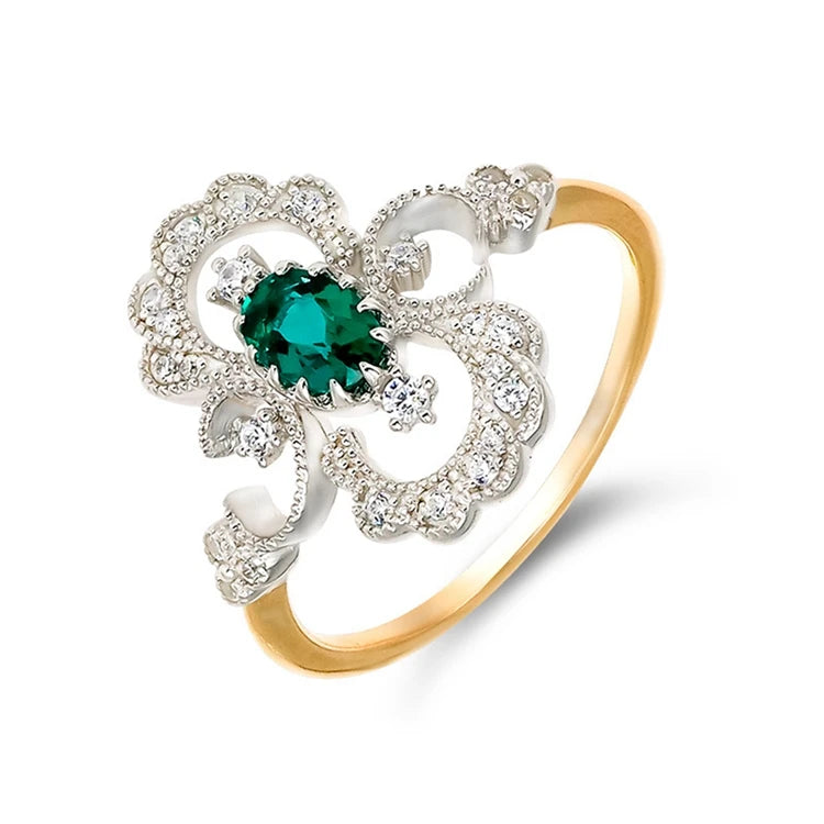 Emotional Factory 925 Sterling Silver 14K Gold Plated Gem Stone Gemstone Cz Zircon Flower Cultured Emerald Ring