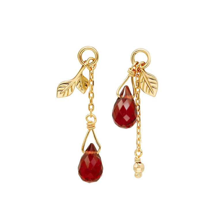 Emotional Factory 925 Sterling Silver 14K Gold Plated Gemstone Leaf Drops Seeds Red Garnet Earrings