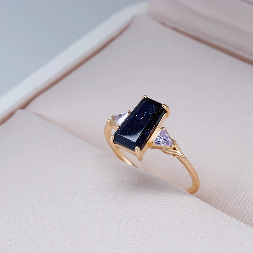 925 Sterling Silver 14K Gold Plated Winter Night Sky Series CZ Zircon Purple Stone Blue Aventurine Gemstone Ring