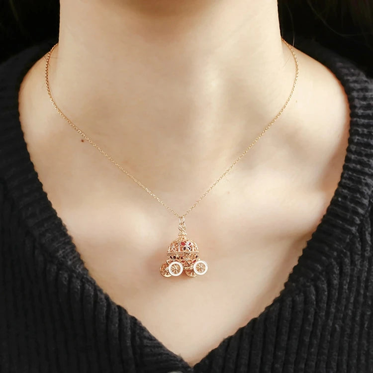 Emotional Factory 925 Sterling Silver 14K Gold Plated Zircon Small Pumpkin Car Enamel Necklace With Ordinary Chain