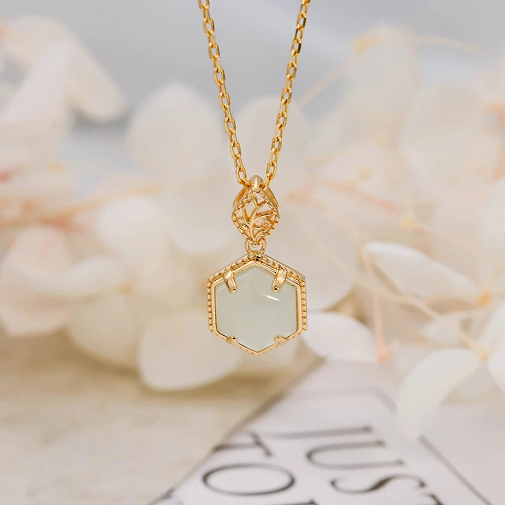 925 Sterling Silver 14K Gold Plated Gemstone Retro Vintage Hexagonal Jade Nephrite Necklace