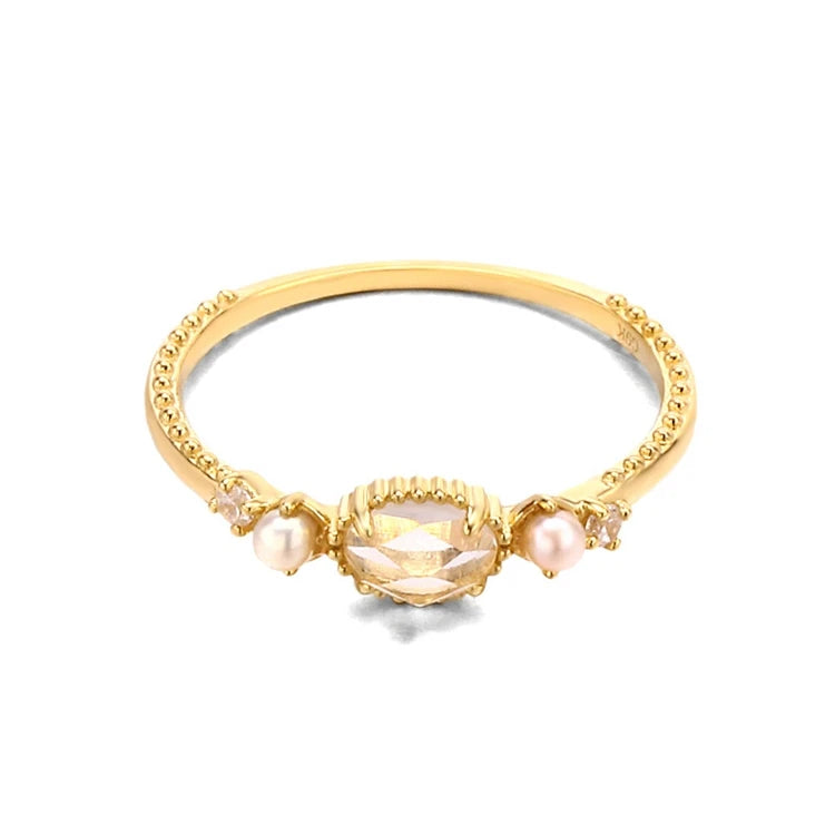 Emotional Factory Anel 925 Sterling Silver 14K Gold Plated Gemstones Simple Minimalist Pearls Natural Rock Crystal Ring